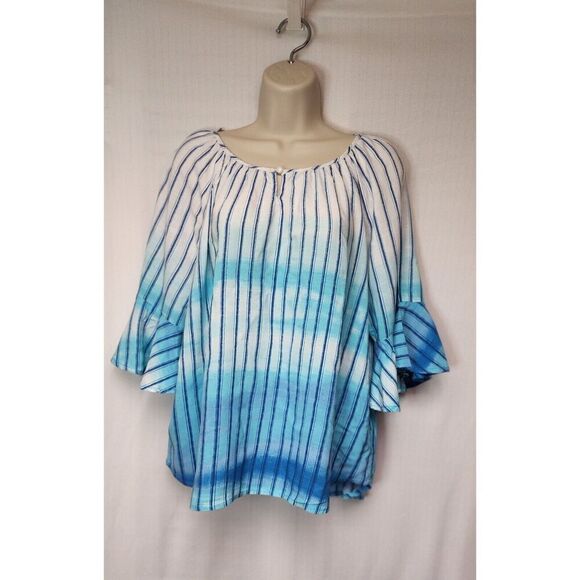 Allison Daley Petite Large Vertical Stripe Ombre Blue Print 3/4 Flutter Sleeve - Picture 4 of 5